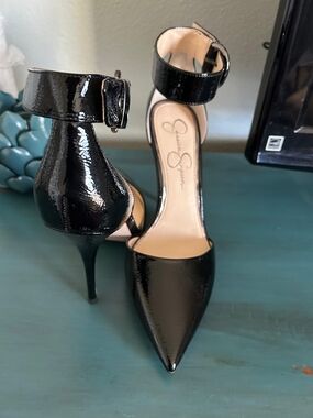 Jessica Simpson Black Patent Pointed Toe Ankle-Strap Heels